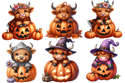 Halloween Highland Cow Clipart PNG | Cute Highland Cow Pumpkin PNG, Fall Cow Clipart,