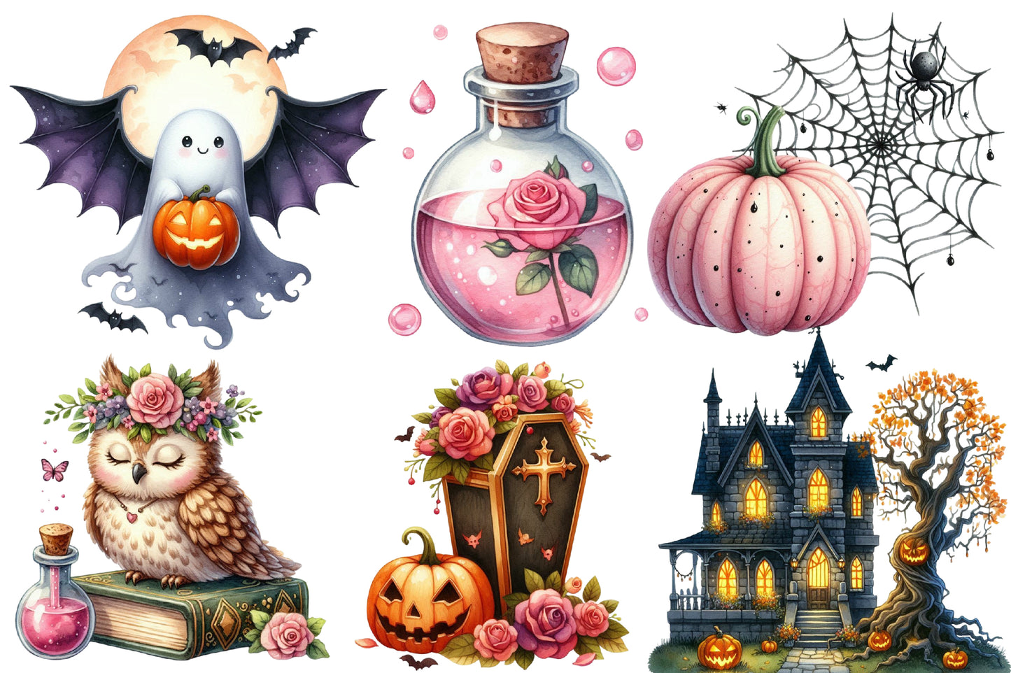 Pastel Goth Halloween Clipart PNG Bundle | Gothic Halloween Watercolor Clipart | Pink Halloween Sublimation PNG