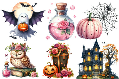 Pastel Goth Halloween Clipart PNG Bundle | Gothic Halloween Watercolor Clipart | Pink Halloween Sublimation PNG