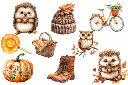 Autumn Aesthetic Elements Clipart PNG Bundle | Watercolor Fall Cozy Elements Clipart | Boho Autumn PNG