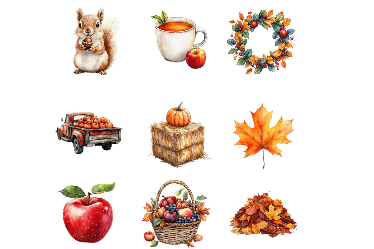 Fall Season Watercolor Clipart PNG Bundle | Autumn Clipart Collection | Cozy Fall Sublimation