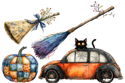 Whimsy Halloween Clipart PNG Bundle | Cute Witch, Ghost, Pumpkin, Cat, Bat & Haunted House | Spooky Watercolor PNG