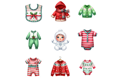 Christmas Baby Clothes Clipart PNG Bundle | Watercolor Cute Baby Outfit Clipart | Holiday Baby Clothing PNG