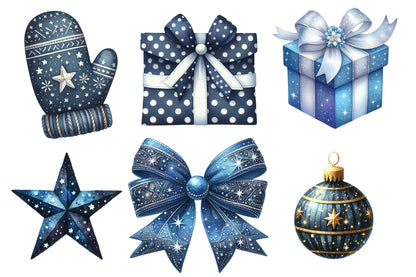 Blue Christmas Clipart PNG Bundle | Watercolor Winter Holiday Clipart | Elegant Icy Blue Christmas PNG