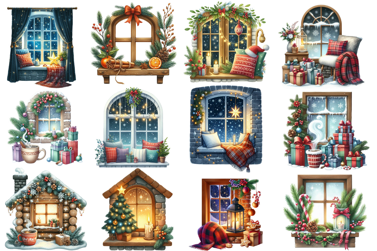 Christmas Cozy Window Clipart PNG Bundle | Watercolor Warm Winter Window Clipart | Festive Holiday Sublimation PNG