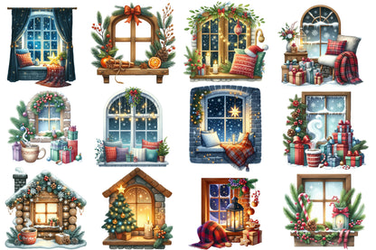 Christmas Cozy Window Clipart PNG Bundle | Watercolor Warm Winter Window Clipart | Festive Holiday Sublimation PNG