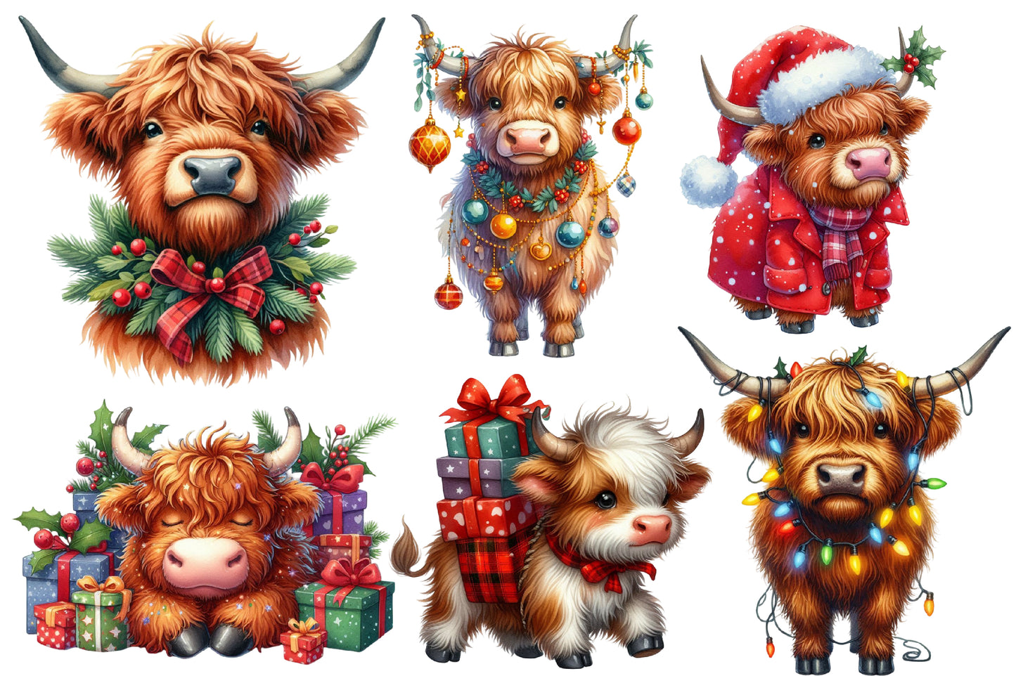 Christmas Highland Cow Clipart PNG Bundle | Watercolor Cute Christmas Highland Cow Clipart | Farmhouse Holiday Sublimation PNG
