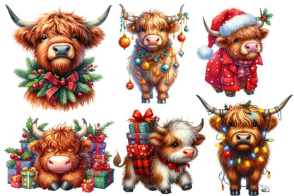Christmas Highland Cow Clipart PNG Bundle | Watercolor Cute Christmas Highland Cow Clipart | Farmhouse Holiday Sublimation PNG