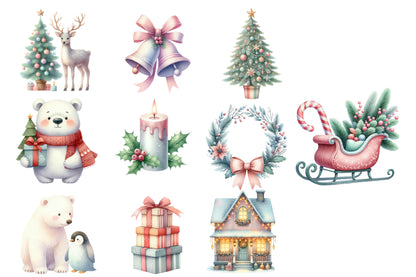 Cute Pastel Christmas Watercolor Clipart PNG Bundle | Sweet Gingerbread Christmas Clipart | Pastel Holiday Sublimation PNG
