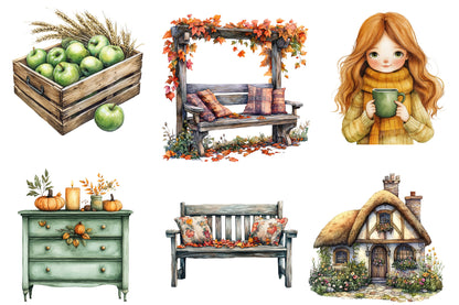 Green Autumn Clipart PNG Bundle | Cozy Fall Cottage Clipart, Autumn Garden PNG