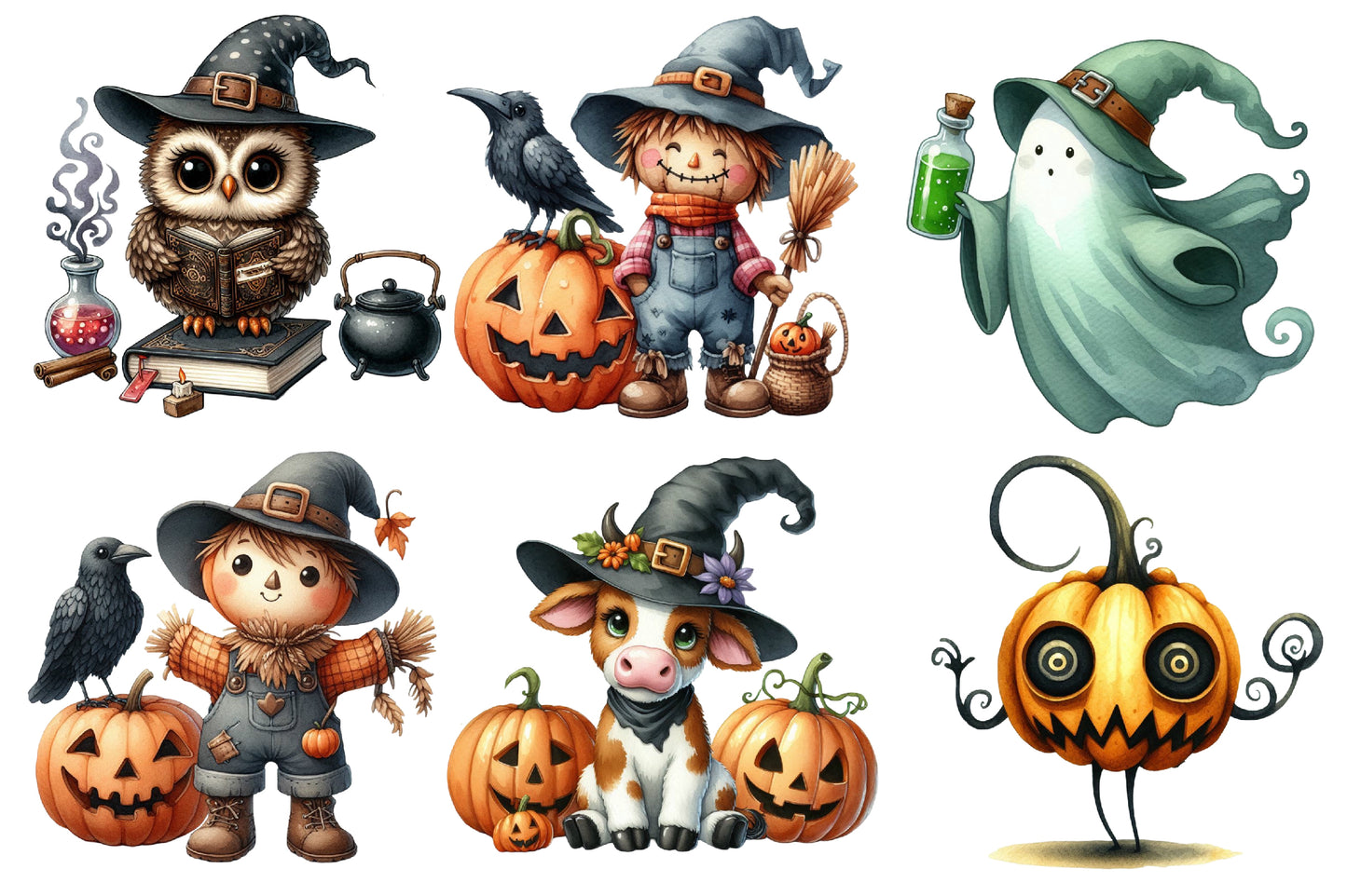 Quirky Halloween Watercolor Clipart PNG Bundle | Cute Spooky Halloween Clipart | Halloween Sublimation PNG