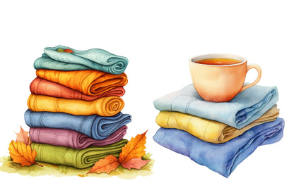 Autumn Laundry Clipart PNG Bundle | Fall Cozy Laundry Watercolor Clipart | Rustic Clothing Sublimation PNG