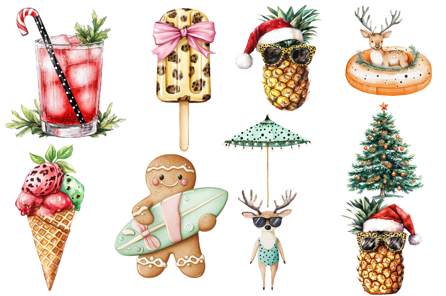 Christmas in July Watercolor Clipart PNG Bundle | Tropical Christmas Summer Holiday Clipart | Christmas Sublimation PNG