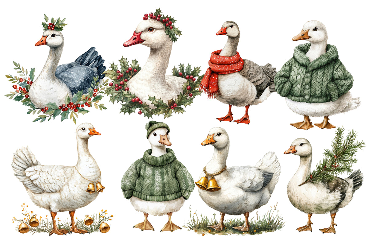 Christmas Silly Goose PNG Clipart Bundle | Cute Funny Christmas Goose Clipart | Watercolor Holiday Goose Sublimation PNG