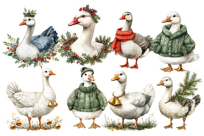 Christmas Silly Goose PNG Clipart Bundle | Cute Funny Christmas Goose Clipart | Watercolor Holiday Goose Sublimation PNG