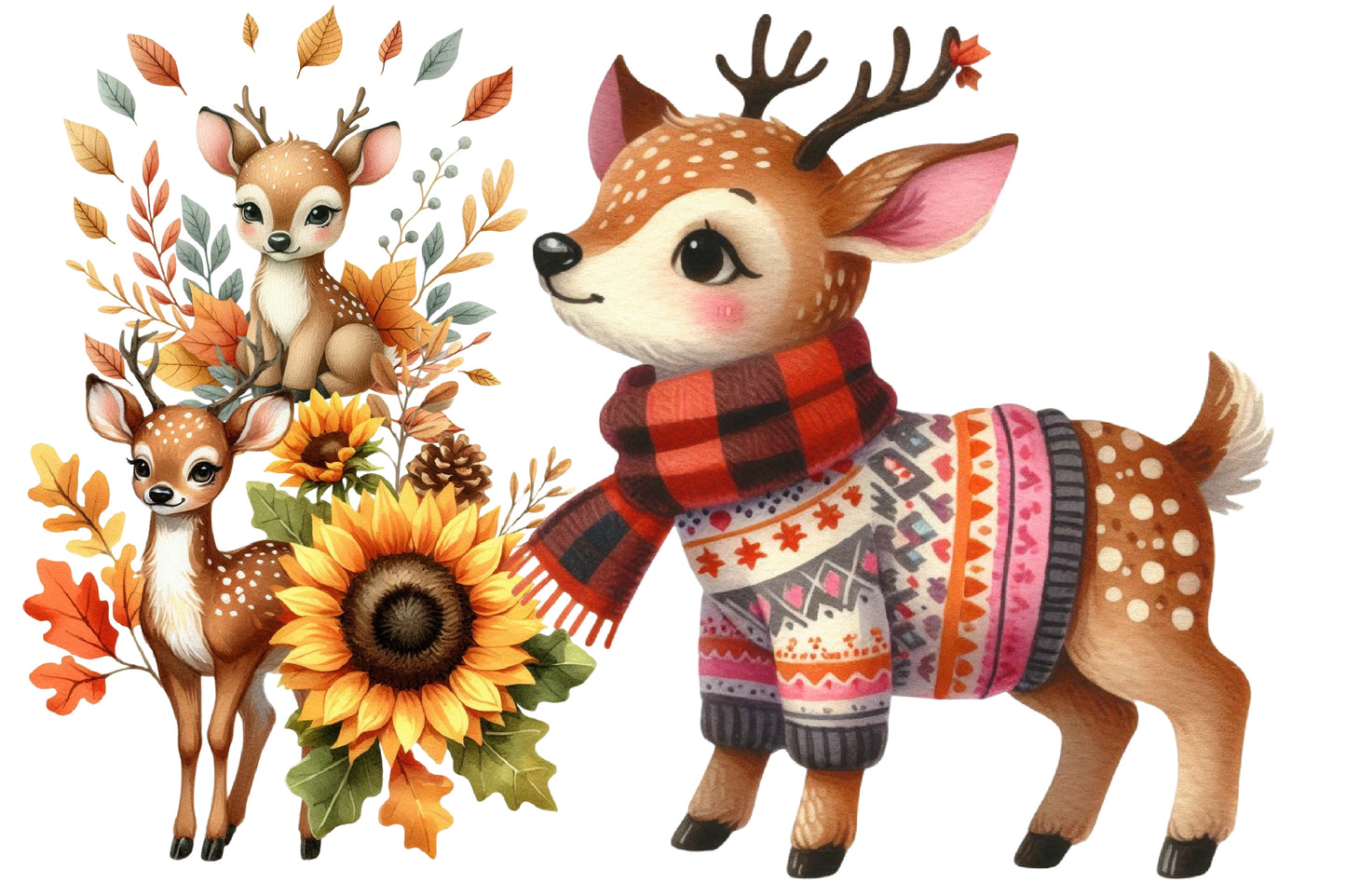 Autumn Cute Deer Clipart PNG Bundle | Watercolor Fall Woodland Deer Clipart | Cozy Harvest Deer PNG