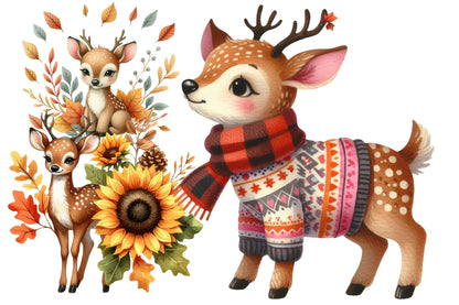 Autumn Cute Deer Clipart PNG Bundle | Watercolor Fall Woodland Deer Clipart | Cozy Harvest Deer PNG