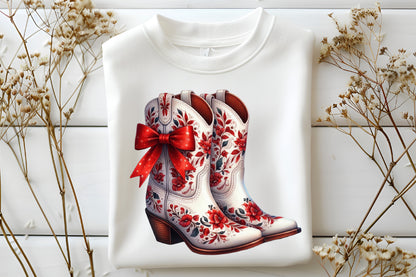 Watercolor Christmas Western Boots Clipart PNG Bundle | Floral Cowboy Boots, Red Bows & Holiday Western Designs