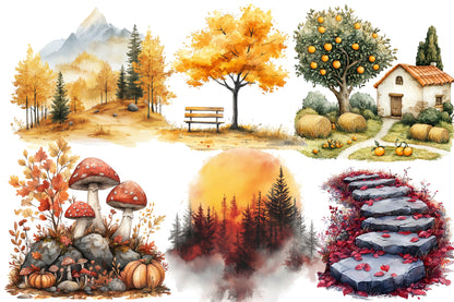 Fall Scenery Watercolor Clipart PNG Bundle | Autumn Landscape Nature Clipart | Fall Sublimation