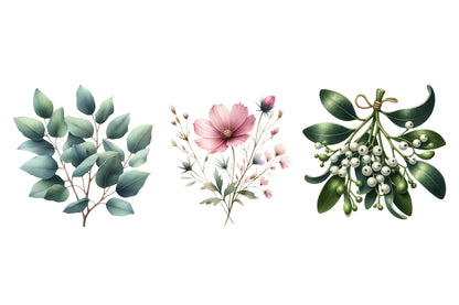 Christmas Wildflowers Clipart PNG Bundle | Watercolor Christmas Wildflower Clipart | Festive Floral Holiday Sublimation PNG