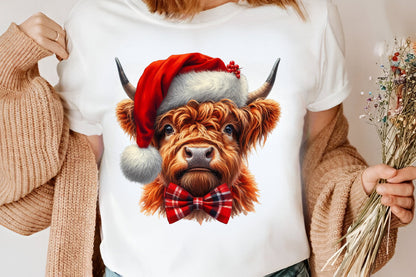 Watercolor Christmas Highland Cow Clipart PNG Bundle | Festive Highland Cattle Holiday Designs