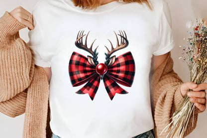 Watercolor Christmas Coquette Bow Reindeer Clipart PNG Bundle | Red Buffalo Plaid Bows & Antlers | Christmas Sublimation