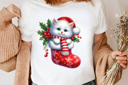 Christmas Cat Stocking Clipart PNG Bundle | Watercolor Christmas Cats, Red Stockings, Santa Hats, Scarf & Holly Berry