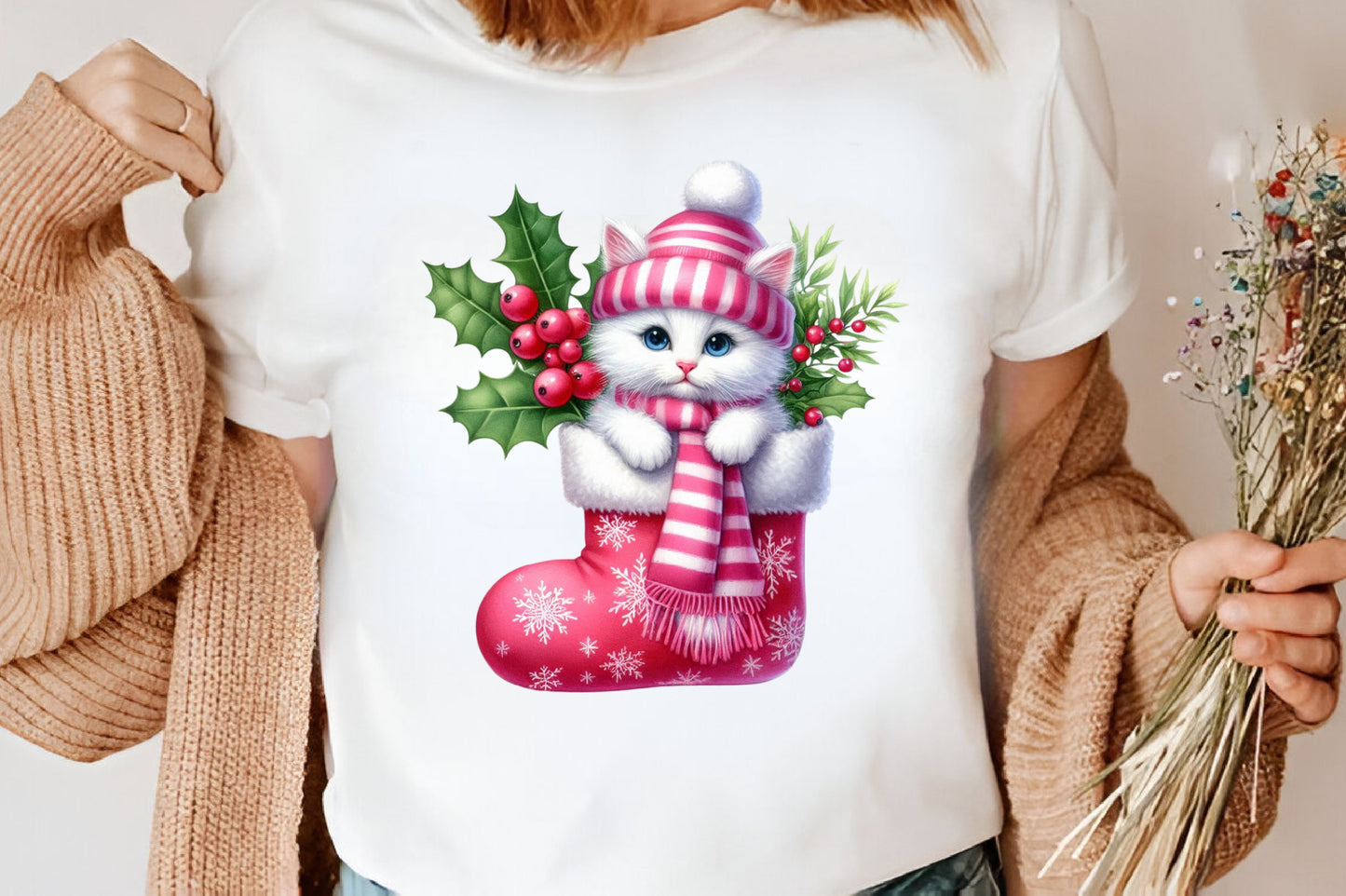 Pink Christmas Kitten Clipart PNG Bundle | Cute Pink Cat, Christmas Tree, Gifts, Candy Cane & Holiday Designs