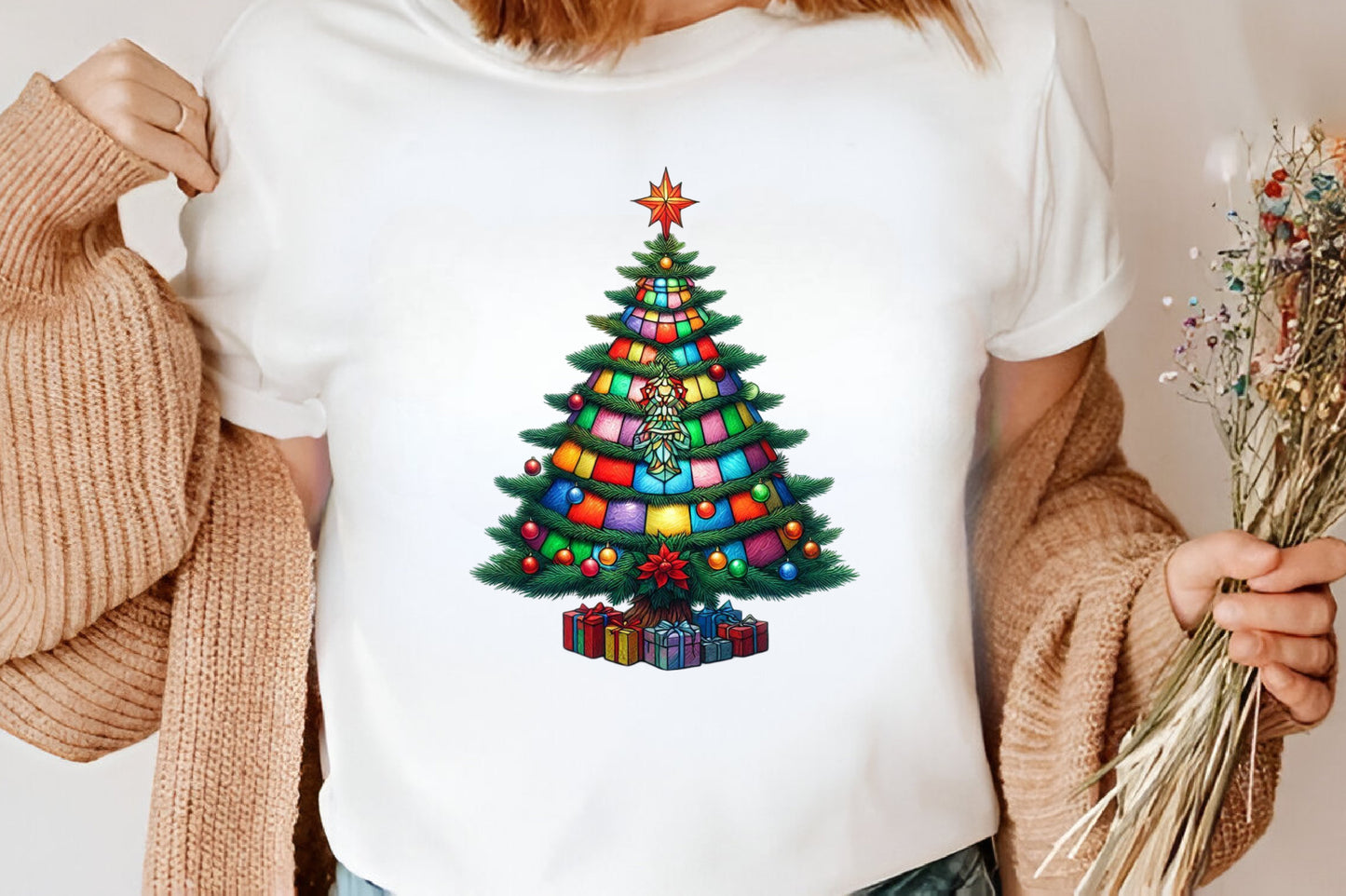 Stained Glass Christmas Trees Clipart PNG Bundle | Colorful Watercolor Christmas Tree, Ornament & Holiday Designs