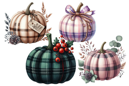 Autumn Plaid Pumpkin Sublimation Clipart PNG Bundle | Watercolor Cozy Fall Pumpkin Clipart | Rustic Harvest Plaid Pumpkin PNG