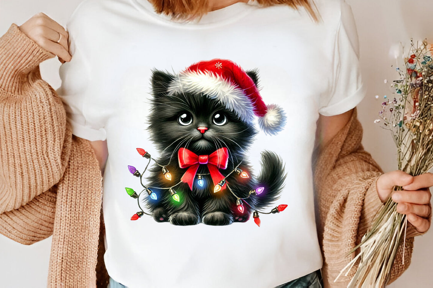 Christmas Black Cat Clipart PNG Bundle | Cute Watercolor Black Cat, Santa Hat, Christmas Lights & Festive Kitty Designs