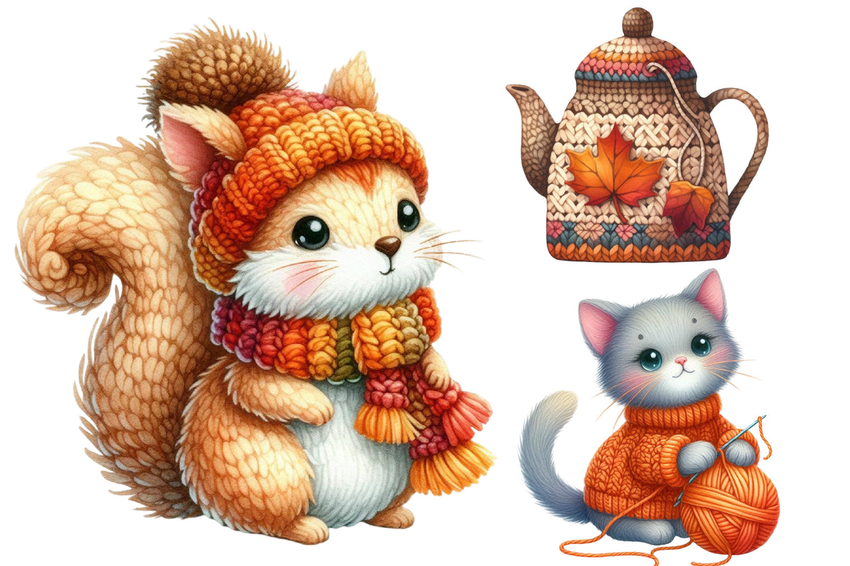 Crochet Autumn Watercolor Clipart PNG Bundle | Cute Fall Crochet Animals | Autumn Sublimation