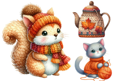 Crochet Autumn Watercolor Clipart PNG Bundle | Cute Fall Crochet Animals | Autumn Sublimation