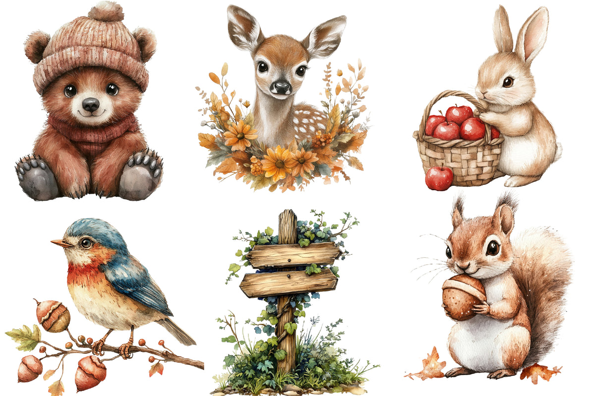 Fall Woodland Animals Clipart PNG Bundle | Cute Autumn Forest Animals | Woodland Creatures Sublimation