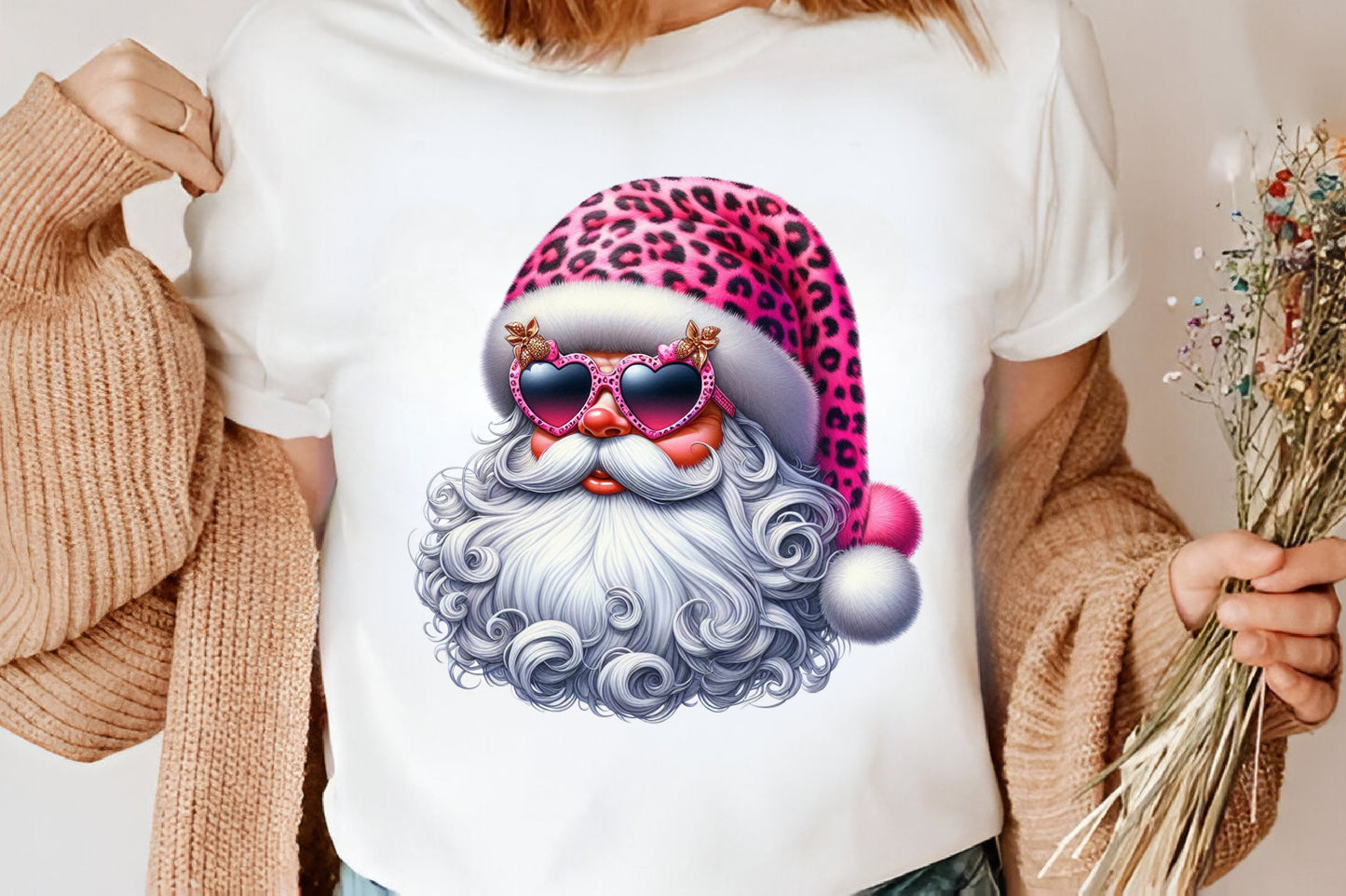 Santa Claus Pink Christmas Clipart PNG Bundle | Leopard Print Santa, Pink Christmas Santa & Heart Sunglasses
