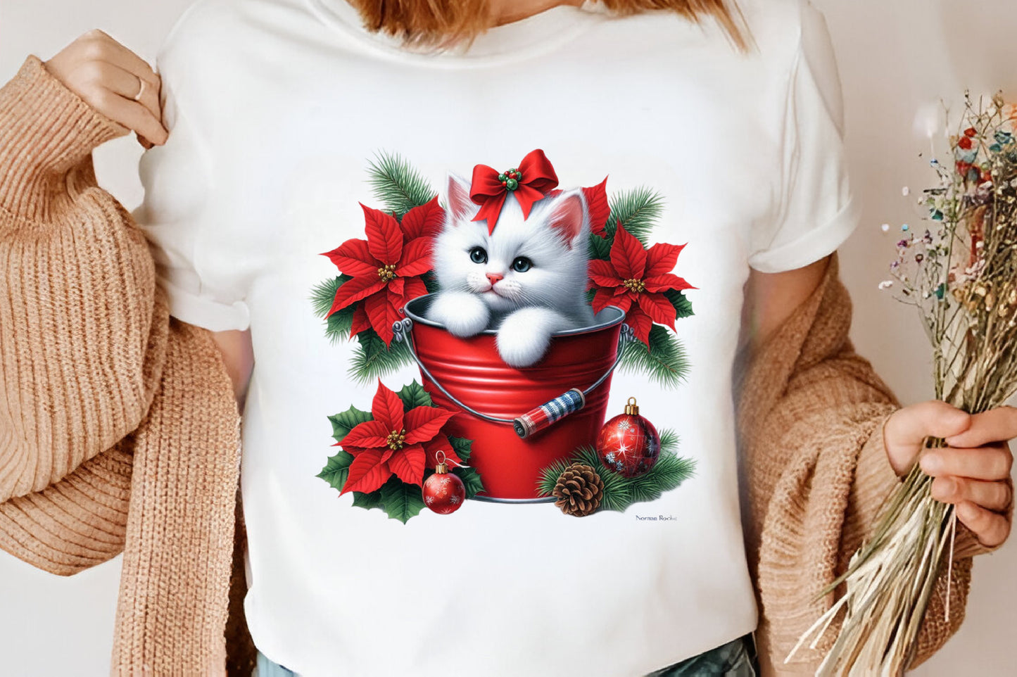 Watercolor Christmas Cat in Bucket PNG Bundle | Cute Christmas Cat Clipart | Poinsettia & Holiday Cat Sublimation