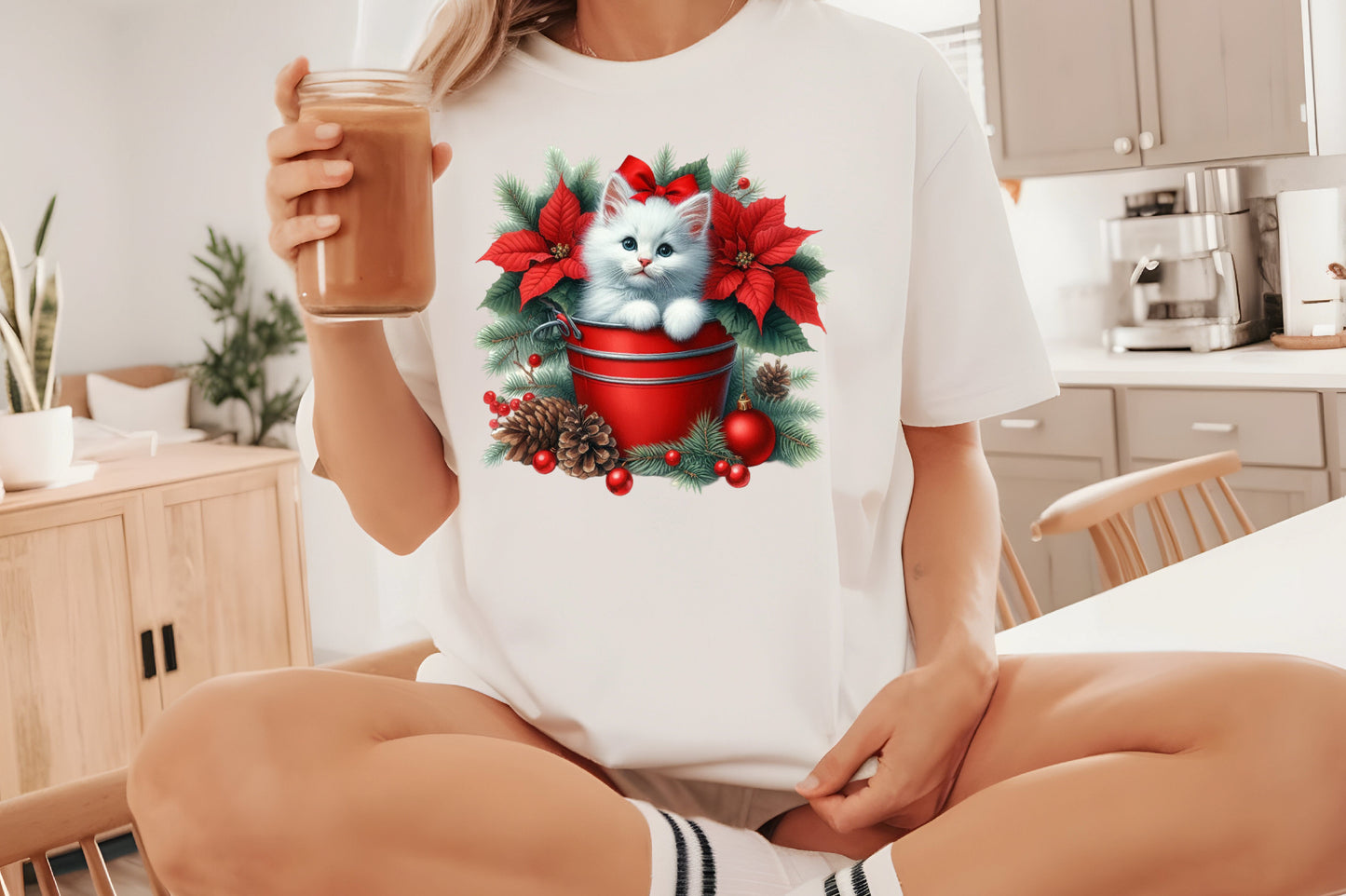 Watercolor Christmas Cat in Bucket PNG Bundle | Cute Christmas Cat Clipart | Poinsettia & Holiday Cat Sublimation