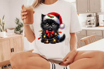 Christmas Black Cat Clipart PNG Bundle | Cute Watercolor Black Cat, Santa Hat, Christmas Lights & Festive Kitty Designs