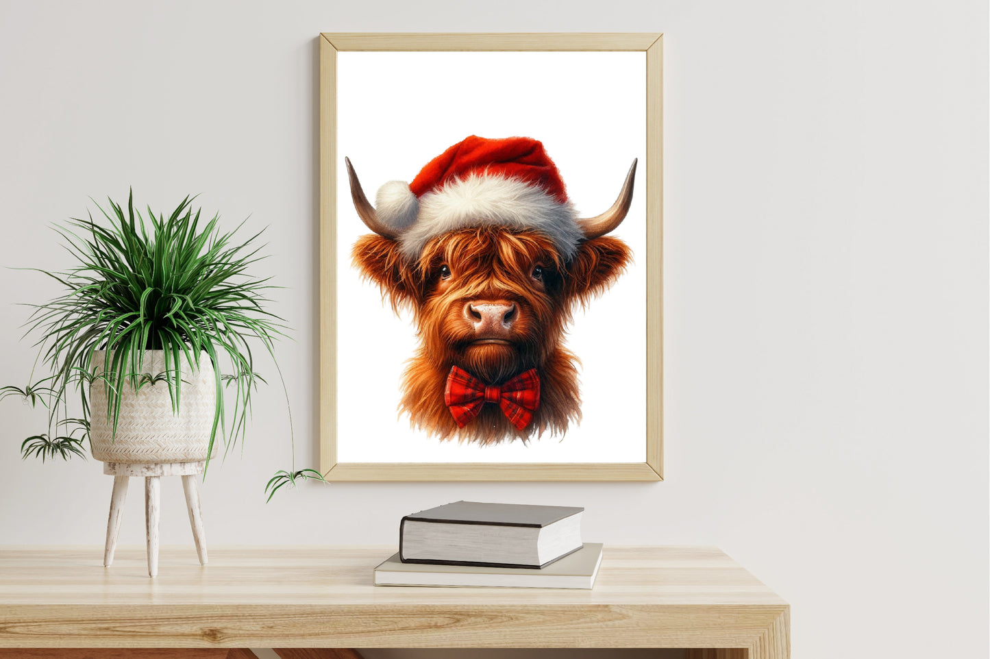 Watercolor Christmas Highland Cow Clipart PNG Bundle | Festive Highland Cattle Holiday Designs