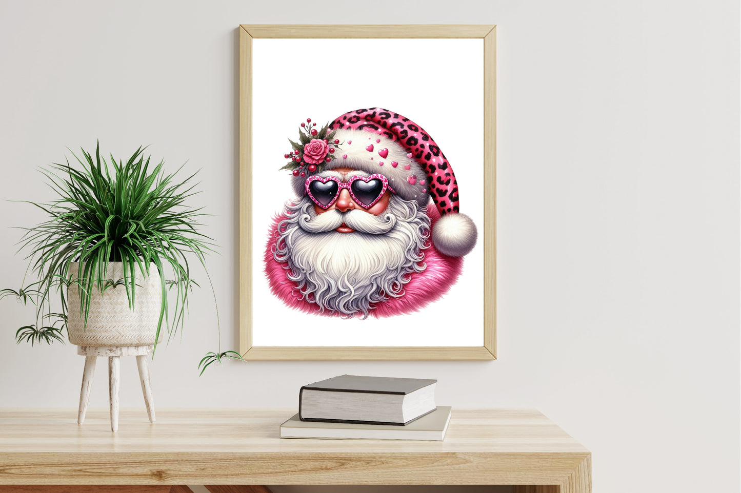 Santa Claus Pink Christmas Clipart PNG Bundle | Leopard Print Santa, Pink Christmas Santa & Heart Sunglasses