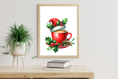 Christmas Coffee Cup Clipart PNG Bundle | Red Coffee Mugs, Santa Hats, Holly Berry & Festive Winter Coffee Designs