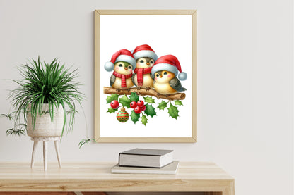 Christmas Birds Clipart PNG Bundle | Cute Watercolor Christmas Bird, Santa Hat Bird, Winter Bird & Holly Berry Designs