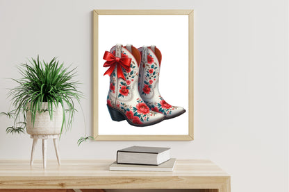 Watercolor Christmas Western Boots Clipart PNG Bundle | Floral Cowboy Boots, Red Bows & Holiday Western Designs