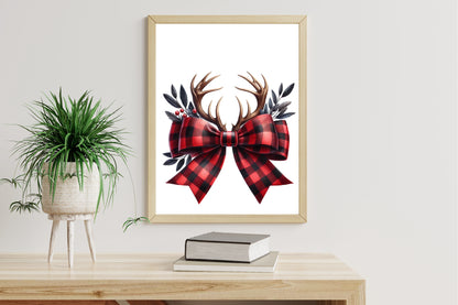 Watercolor Christmas Coquette Bow Reindeer Clipart PNG Bundle | Red Buffalo Plaid Bows & Antlers | Christmas Sublimation
