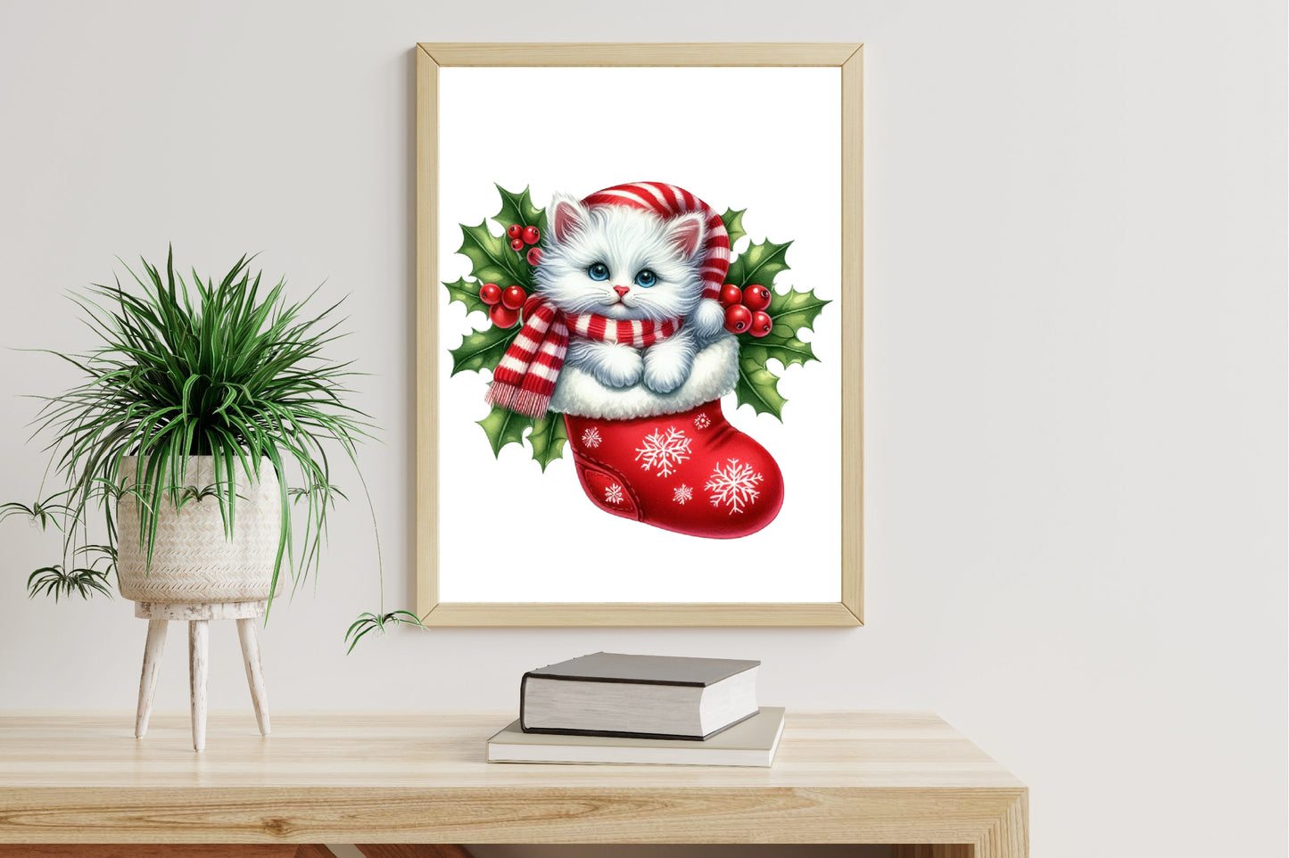 Christmas Cat Stocking Clipart PNG Bundle | Watercolor Christmas Cats, Red Stockings, Santa Hats, Scarf & Holly Berry
