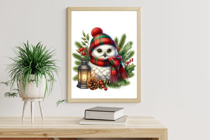 Watercolor Christmas Owl Clipart PNG Bundle | Cute Snowy Owls & Winter Holiday Birds