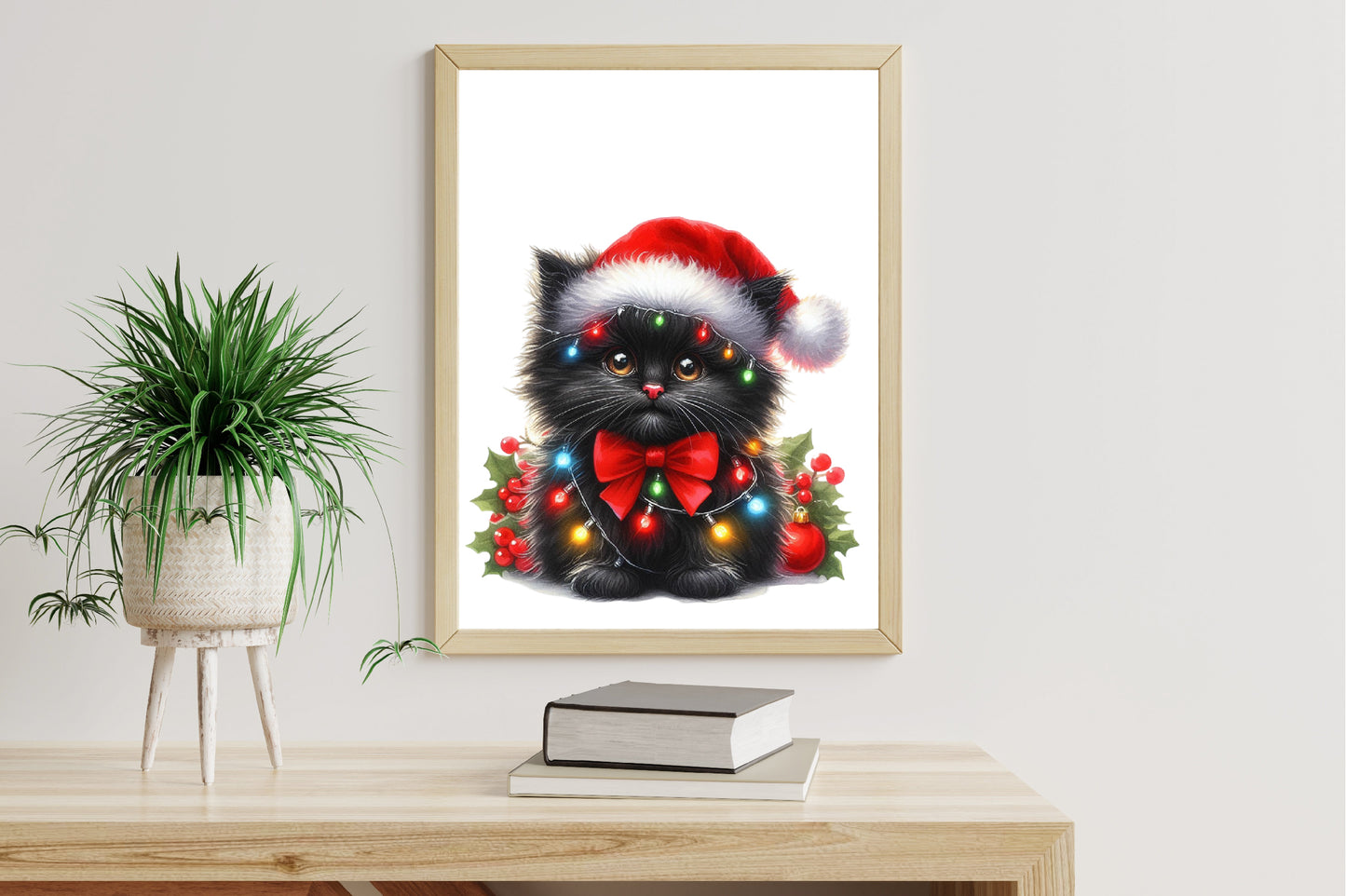 Christmas Black Cat Clipart PNG Bundle | Cute Watercolor Black Cat, Santa Hat, Christmas Lights & Festive Kitty Designs
