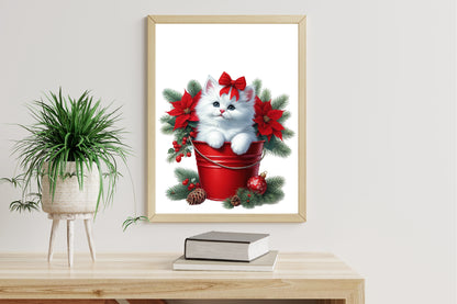 Watercolor Christmas Cat in Bucket PNG Bundle | Cute Christmas Cat Clipart | Poinsettia & Holiday Cat Sublimation