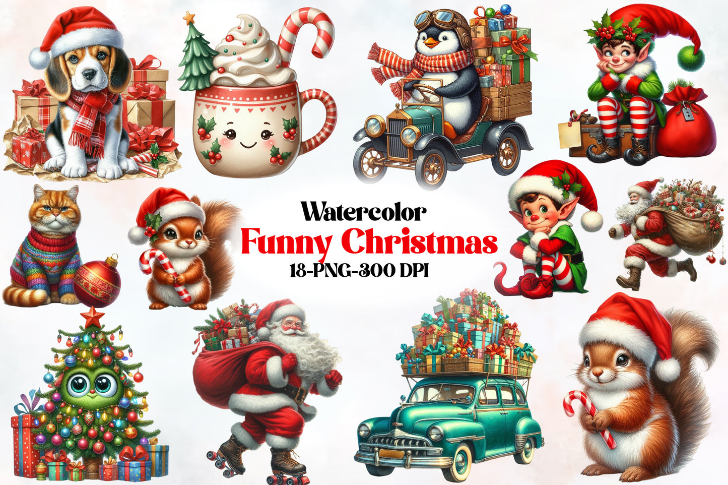 Watercolor Funny Christmas Clipart PNG Bundle | Cute Santa, Elf, Animals, Gifts & Holiday Designs