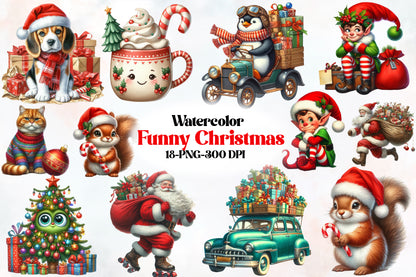 Watercolor Funny Christmas Clipart PNG Bundle | Cute Santa, Elf, Animals, Gifts & Holiday Designs